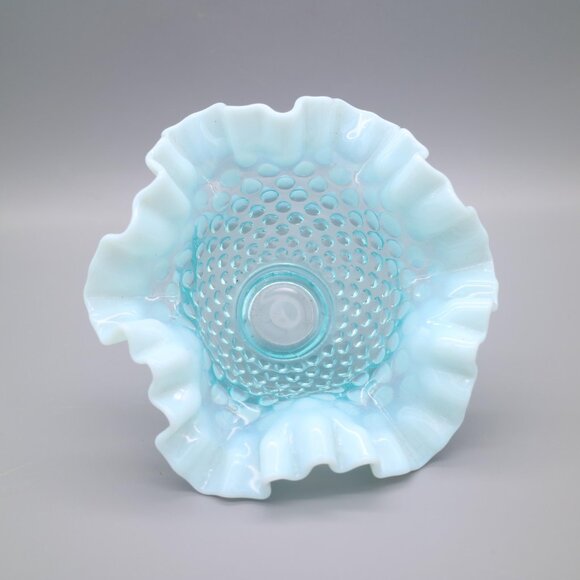 Vintage Fenton Ice Blue Opalescent Hobnail Ruffled Fluted Vase Bowl 4.5” - Picture 5 of 6